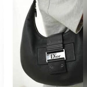 AUTH DIOR STREET CHIC mini Hobo Cressent Bag black Leather silver logo plaque